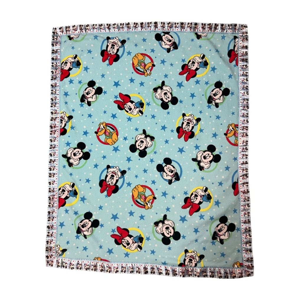 Vintage Mickey and Friends Crib Blanket Satin Trim 36x44 Blue Plush Double Sided